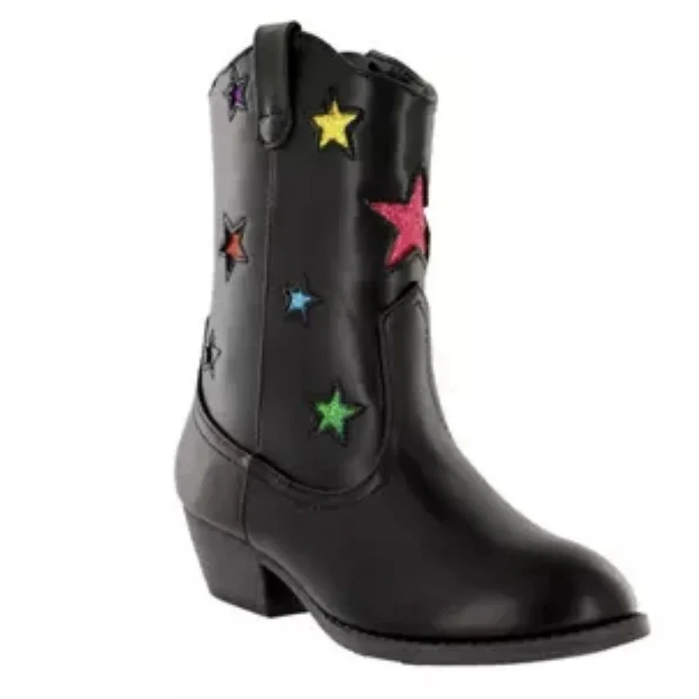 Kids Black‎ Western Cowboy Boots with Multi Color Glitter Star Appliques Size 3